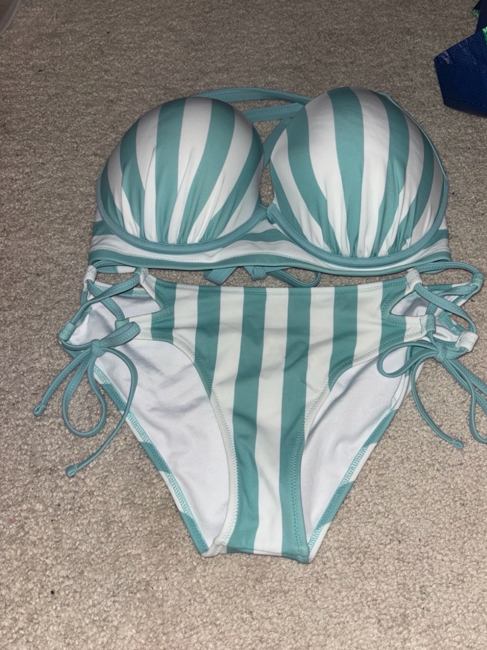 Shade & Shore Teal and White Striped Push-Up Bikini Set